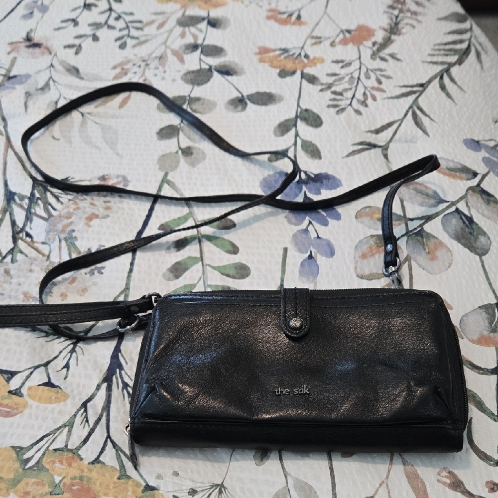 The Sak Black Leather Crossbody Wristlet Bag
